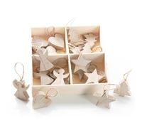 Pendentifs Noël Bois, 24 pièces: Breloques Sapin, étoile, Ange et cœur, décoration Naturelle pour Arbre, Branches et Cadeaux, Charms Noël rustiques, déco 3,5-4,5 cm