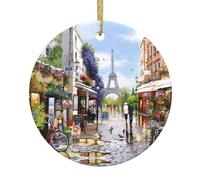 Pendentifs ronds de Noël en céramique YUGTAEE Paris Street Scène Tour Eiffel Imprimée Décorations de maison pour cheminées, portes, fenêtres, supermarchés