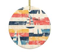 Pendentifs ronds en céramique de Noël avec mots YYHHAOFA et rayures - L'image du yacht est lisse et délicate pour la décoration de vacances, de fête, de danse et de vitrine