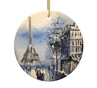 Pendentifs ronds en céramique de Noël YUGTAEE Romantique Paris Tour Eiffel Imprimés Décorations de maison pour cheminées portes fenêtres supermarchés