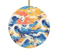 Pendentifs ronds en céramique de Noël YYHWHJDE Beach Maui Hawaï coucher de soleil vagues nuages Impression lisse et délicate pour décoration de vacances, fête, danse et vitrine