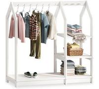 Penderie Enfant SALLY H 120 cm en Bois Massif Blancl avec Étagères, Portant Enfant Montessori Dressing avec Tringle Blanc G