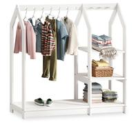 Penderie Enfant SALLY H 120 cm en Bois Massif Blancl avec Étagères, Portant Enfant Montessori Dressing avec Tringle