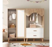 Penderie pour adolescent, porte coulissante + garde-robe ouverte, ensemble de meubles combinés, combinaison de couleurs blanc + bois naturel, hauteur 141,5 cm