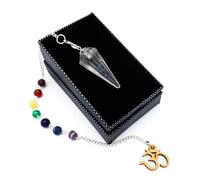 Pendule en cristal de roche 7 chakras symbole Mantra Om Aum dans une boîte à bijoux | Métaphysique ésotérisme sorcellerie
