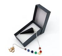 Pendule en tourmaline noire 7 chakras avec symbole Mantra Om Aum dans une boîte à bijoux | métaphysique ésotérisme sorcellerie