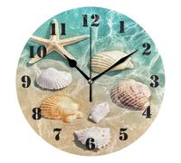Pendule Murale,Coquillage, étoile de mer, Plage d'été,Décorative Horloge Murale Grands Chiffres Pendules Murales pour Déco Chambre 25cm