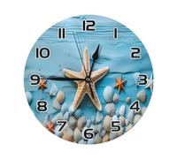 Pendule Murale,Étoile de mer, Coquillage, Texture Bois,Décorative Horloge Murale Moderne Pendules Murales pour Déco Café 25cm