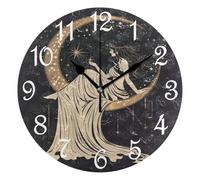Pendule Murale,Femme Sorcière Étoile de la Lune,Fonctionnement à Piles Horloge Murale Ronde Facile à Lire Pendules Murales pour Chambre Café 25cm