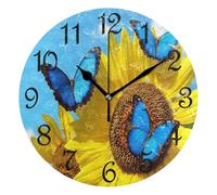 Pendule Murale,Tournesols Papillons Bleus Ciel,Fonctionnement à Piles Horloge à Quartz Facile à Lire Horloges pour Déco Café 25cm