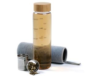 Penelife Bouteille Infuseur à Thé 1l - Gourde en Verre 1 litre - Gourde 1l en Verre Borosilicaté avec Couvercle Rotatif en Bambou - Theiere avec Infuseur 1l avec Housse en Néoprène - gris