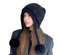 PengFaXin Bonnet péruvien chaud avec cache-oreilles avec doublure en polaire et pompon pour femme, Noir , taille unique