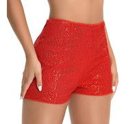PengFaXin Shorts à taille élastique haute pour femmes avec paillettes et sequins - Idéal pour une sortie nocturne et une fête, Rouge, L