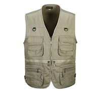 PengGengA Hommes Gilets de Plein air Veste sans manches Multi-Poches Veste de Sport Journaliste pour Camping, Voyage, Photographie, Pêche - Kaki, 4XL
