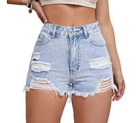 PengGengA Short en Jean Taille Haute pour Femme Déchiré, Lavage Clair, Ourlet Effiloché et Découpes Latérales