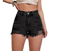 PengGengA Short en Jean Taille Haute pour Femme Déchiré, Lavage Clair, Ourlet Effiloché et Découpes Latérales