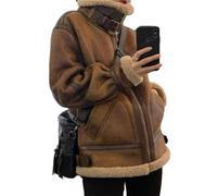 PengGengA Trench-coat en faux suède Femme Veste d'hiver à manches longues Doublure en polaire Sherpa Moto Motard Blousons - Marron, XL