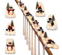 Penguin Christmas Stair Garland, Pre-Lit Snow Decor for Banister (All) | Fluffy Artificial Snow with Plush Penguins, Lighted 5pcs Banister Display with Warm Glow, A Cozy Penguin Christmas Story