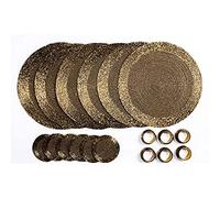 Penguin Home Lot de 18 Sets de Table Ronds en Verre avec Perles, Dessous de Verre et Anneaux de Serviette Doré Antique Fabriqué à la Main par des Artisans Indiens qualifiés Diamètre 32 cm (13"),