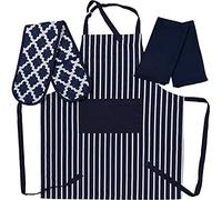 Penguin Home Ensemble Tablier, Gant Double et 2 torchons de Cuisine - 100% Coton - Doux, Durable, résistant à la Chaleur et Super Absorbant, Bleu Marine/Blanc, 70 X 90, 18 X 90, 45X 65 cm