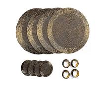 Penguin Home® Lot de 12 Sets de Table, Dessous de Verre et Ronds de Serviette - Couleur Or Antique - Sets de Table Ronds - Fabriqués à la Main par des Artisans Indiens qualifiés - Diamètre : 32 cm