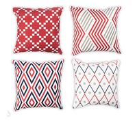 Penguin Home® Lot de 4 Housses de Coussin carrées 100% Coton tessées avec Fermeture à glissière Invisible 45 cm x 45 cm (18" x 18") Rouge, Gris et Marine