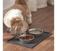 Penguin Home® Tapis d'alimentation Noir antidérapant pour Animaux de Compagnie avec 2 Bols en Acier Inoxydable martelé | Tapis imperméable de qualité Alimentaire pour Animaux de Compagnie|