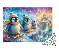 Penguins en traîneau dans Le Pays des Merveilles d'hiver Puzzle De 1000 Pièces Penguin Mignon Jeu Éducatif Classique pour Le Temps des Puzzles en Famille 70x50cm/1000pcs