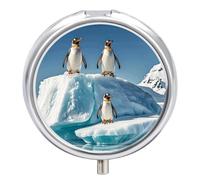 Penguins On The Iceberg Pilulier à 3 compartiments avec miroir pour sac à main et poche Organiseur de médicaments de voyage Boîte à médicaments portable en métal Boîte à médicaments ronde
