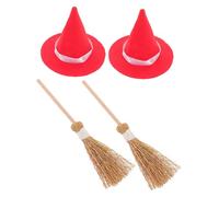 PENIKOKO 2 Ensembles Mini chapeaux de sorcier et balais Set de Décorations pour Maison de Poupée Halloween Rouge Accessoires Miniatures Réalistes pour Décor DIY