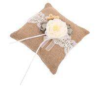 PENIKOKO Coussin D’alliances Vintage en Toile de Jute et Dentelle, Format Rond, Couleur Café, avec Poche Intégrée, Accessoire Mariage pour Présentation Bagues et Décoration Cérémonie