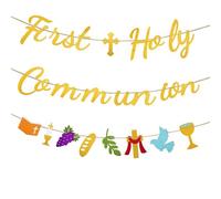 Penitue Bannière de Première Communion, Dorée Pailletée Croix Religieuse Signe de Baptême Que Dieu Vous Bénisse Pré-Enfilée Décoration Fête pour Enfants Chrétiens Garçons et Filles Baby Shower