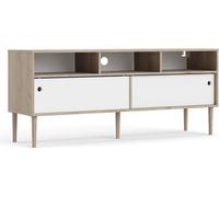 Penny Meuble TV, 2 portes coulissantes et 3 compartiments, imitation chêne Hickory, blanc mat.