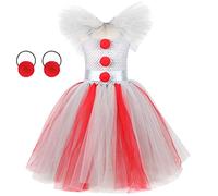 Pennywise Costume de clown pour enfant fille - Robe en tulle avec serre-tête - Tenue d'Halloween - Noël - Carnaval - Fête d'anniversaire - Cosplay, rouge - long, 4-5 ans