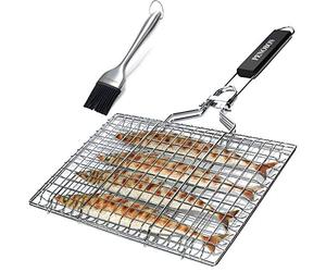 penobon Panier Grille pour Barbecue, Pliable en Acier Inoxydable, pour la Cuisson des Poissons, Légumes ou Crevettes, avec Poignée Amovible, Brosse à Badigeonner et Sac de Rangement. (Type 1)