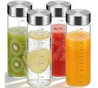 PENRUNKA Lot de 4 Bouteilles en Verre 500ml avec Graduation de Mesure & Couvercle Acier Inoxydable, Bocal Verre RéUtilisable Sans BPA pour Jus, Smoothies, Café, Lait, Thé, Laits Végétaux