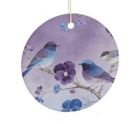 Pensée violette Oxford bleu branches oiseaux fleurs pendentif rond en céramique à suspendre, décoration d'intérieur personnalisée double face en céramique, décoration d'intérieur légère et durable