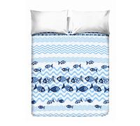 PENSIERI DELICATI Couvre-lit Double 260 x 280 cm, 100% Coton Pique, idéal comme Drap d'ameublement, Couverture de lit 2 Places, Motif Poisson Bleu, 100% fabriqué en Italie