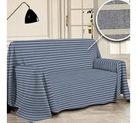 PENSIERI DELICATI Housse de canapé 180 x 290 cm, fabriquée en Italie, 100% Pur Coton recyclé, Motif Rayures Bleues, idéal comme Couverture de canapé, Couverture de Pique-Nique