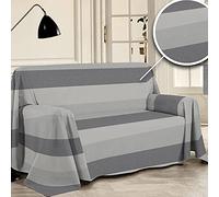 PENSIERI DELICATI Housse de canapé 250 x 290 cm, Couvre-Tout 100% Coton Pur recyclé Teint en Fil, Fantaisie Bandeau Gris, idéal comme décor, Sauvegarde canapé, Couverture Pique-Nique