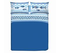 PENSIERI DELICATI Parure de lit Double 100% Coton, Parure de lit Double 180 x 200 cm, avec Drap Plat, Dessus et 2 taies d'oreiller, fabriquée en Italie, Motif Pesciolini Bleu