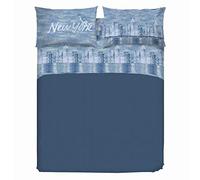 PENSIERI DELICATI Parure de lit Double 100% Coton, Parure de lit Double 180 x 200 cm, avec Drap Plat, Dessus et 2 taies d'oreiller, fabriquée en Italie, Fantaisie New York Bleu