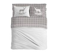 PENSIERI DELICATI Parure de lit Double, Flanelle 100% Coton Chaud et Doux, 2 Places 180 x 200 cm, avec Drap Plat, Dessus et 2 taies d'oreiller, fabriquée en Italie, Tartan Cerf Beige