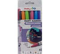 Pentel Arts Paint Marker MSP10, Pochette de 6 Marqueurs peinture permanents, Pointe fine, Noir/Violet/Rose/Orange/Vert clair/Bleu ciel