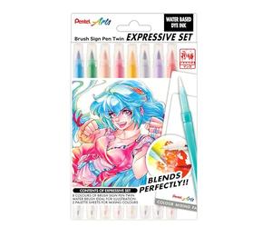 Pentel Brush Sign Pen Twin SESW30C Kit de coloriage et de mélange Manga comprenant 8 feutres pinceaux, 1 pinceau réservoir d'eau, 2 feuilles de mélange