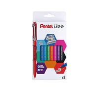 Pentel iZee BX460 Pochette de 8 Stylos bille capuchon avec clip métal, Pointe large 1 mm, Noir/Rouge/Bleu/Vert/Orange/Rose/Bleu ciel/Violet