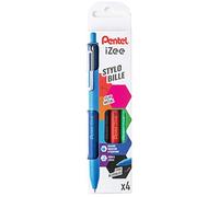 Pentel iZee BX470/4BASIC Pochette de 4 stylos-bille rétractables avec clip en métal Noir/bleu/rouge/vert