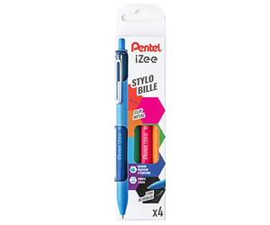 Pentel iZee BX470/4FUNNY Pochette de 4 stylos-bille rétractables avec clip en métal Bleu/vert/orange/rose