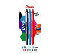 Pentel iZee BX470 Lot de 3 stylos-bille iZee rétractables avec clip en métal Noir/bleu ciel/rouge
