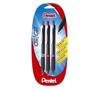 Pentel K497 Lot de 3 Stylos à bille roulante à encre gel rétractable Noir/Bleu/Rouge